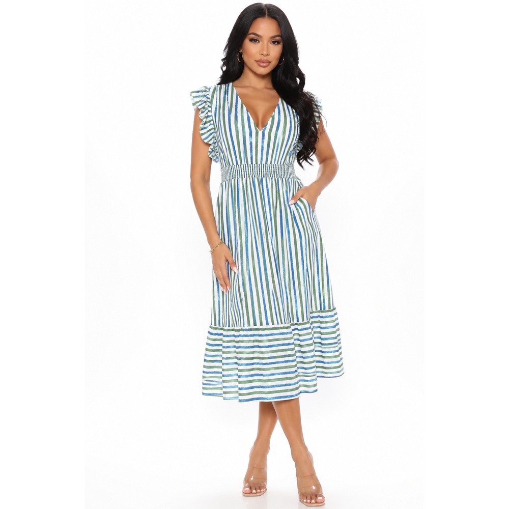 BloomChic Blue Green Striped V-Neck Ruffle Sleeve Smocked Midi Dress US 14-16